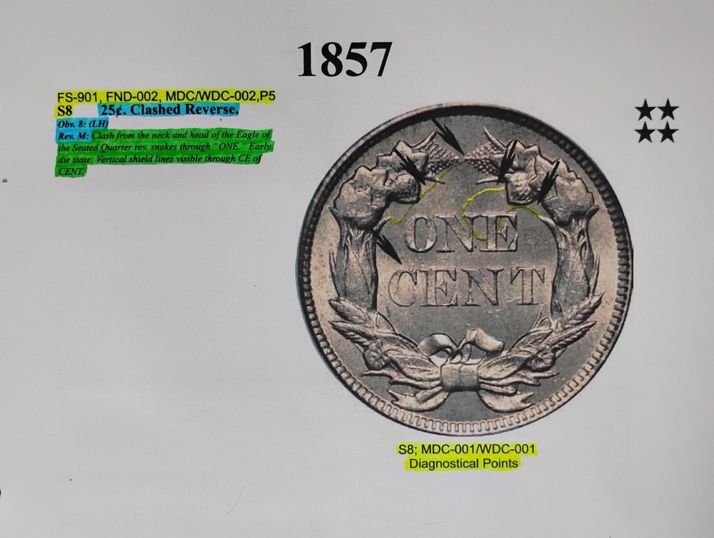 1857 Flying Eagle Cent, Snow-8, FS-901, Reverse Clashed Reverse Seated Quarter