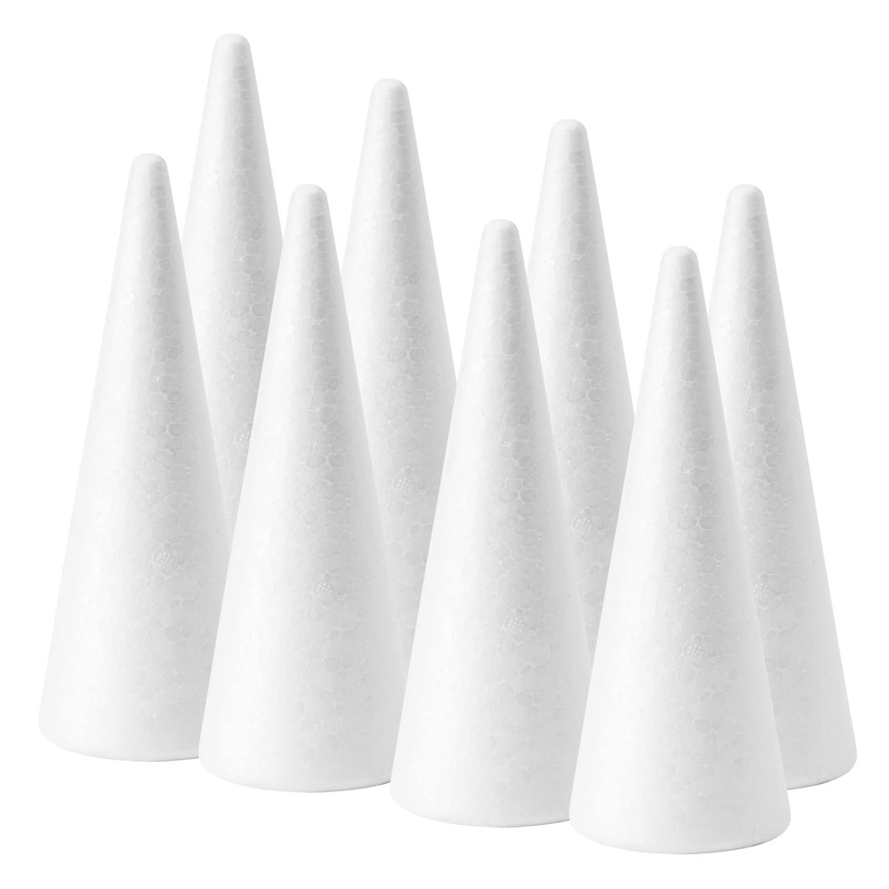 8-Pack 4x9.7 inch White Polystyrene Craft Foam Cones for DIY Projects
