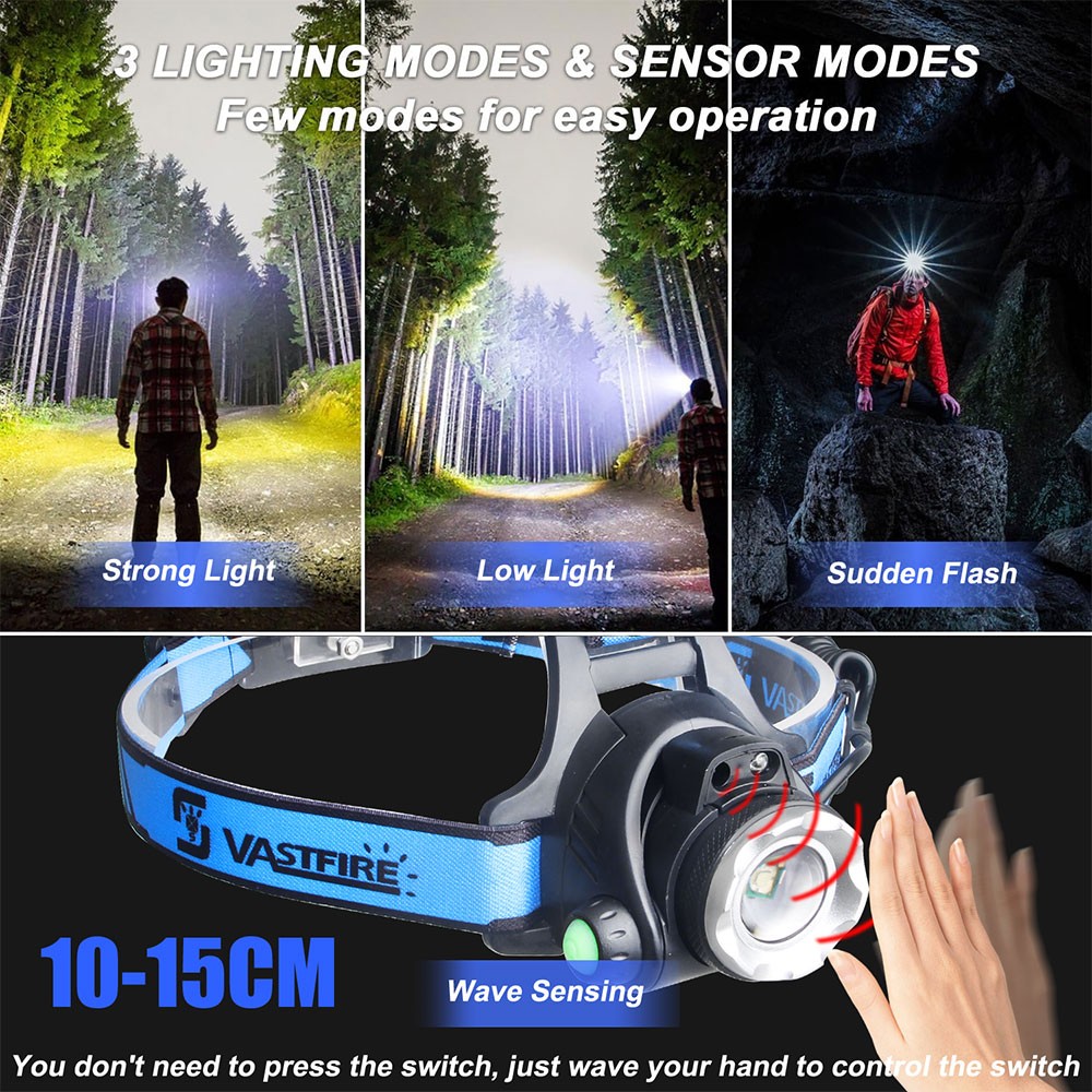 Hunting Green LED Headlamp Head Torch Sensor USB Charging Zoomable Camping Light