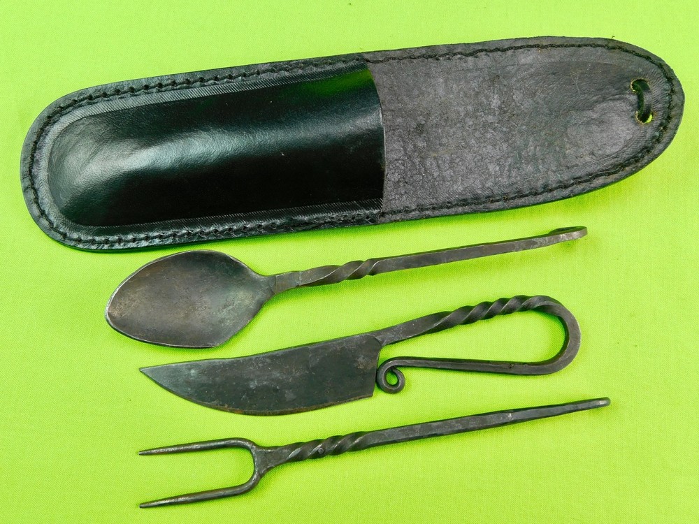 Vintage US Blacksmith Knife Spoon Fork Camp Set w/ Sheath