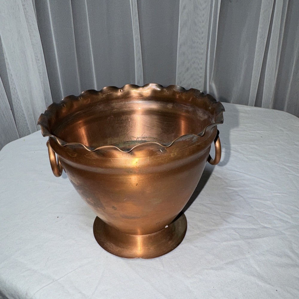 Solid Copper Pot Planter Vase Double Handle Scalloped Made In USA Hand Hammered