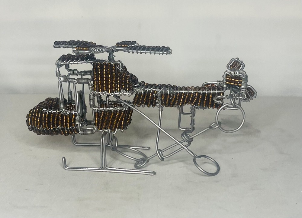 Wire Beeded Sculpture Model Brown Helicopter . Functional Propellers !