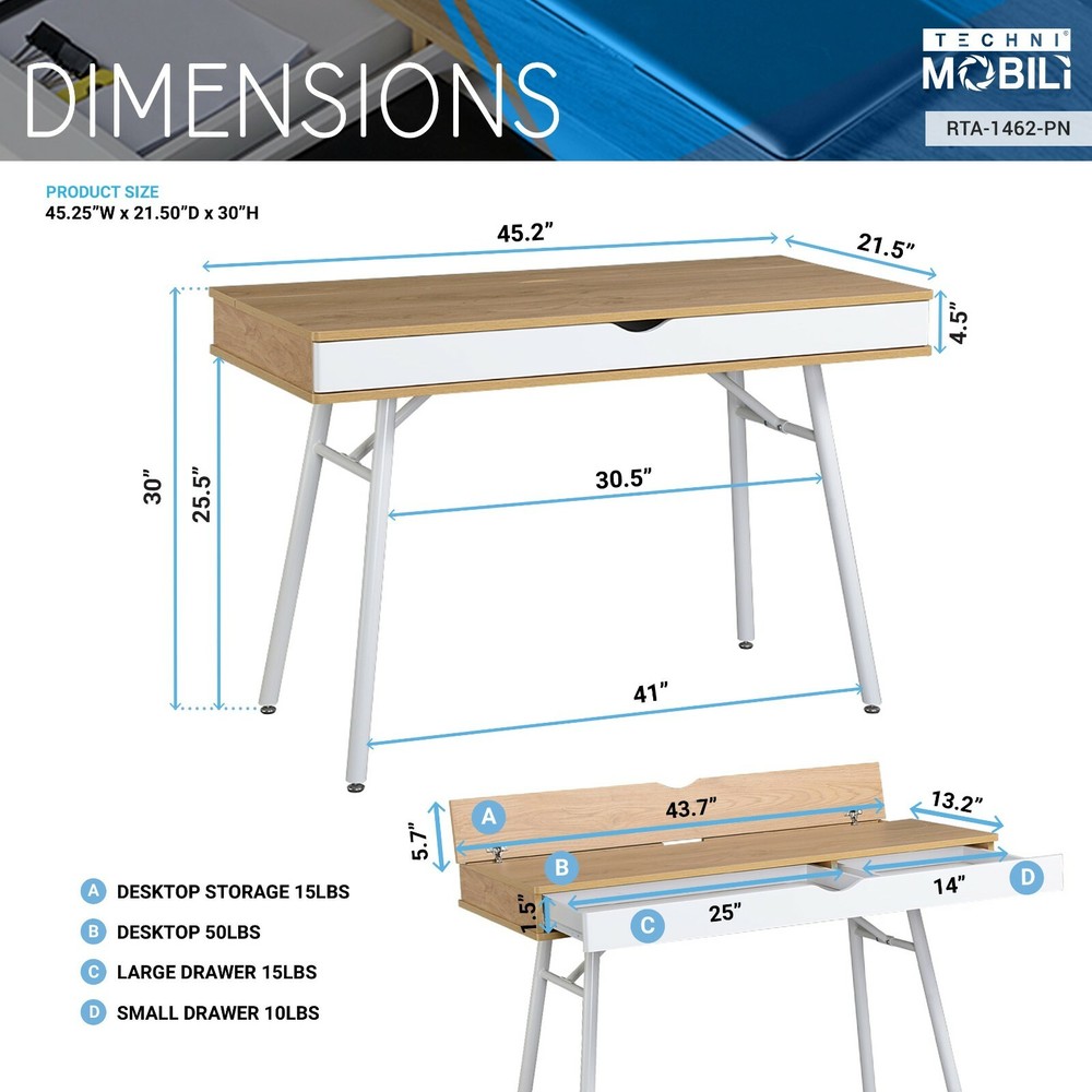 Techni Mobili Modern Computer Desk Workstation w/ Multi-compartment & Drawers
