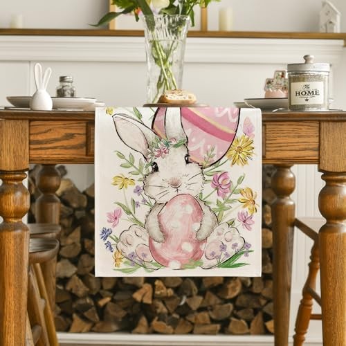 Bunny Rabbit Egg Flower Easter Table Runner, 13" x 72", Table Runner Beige