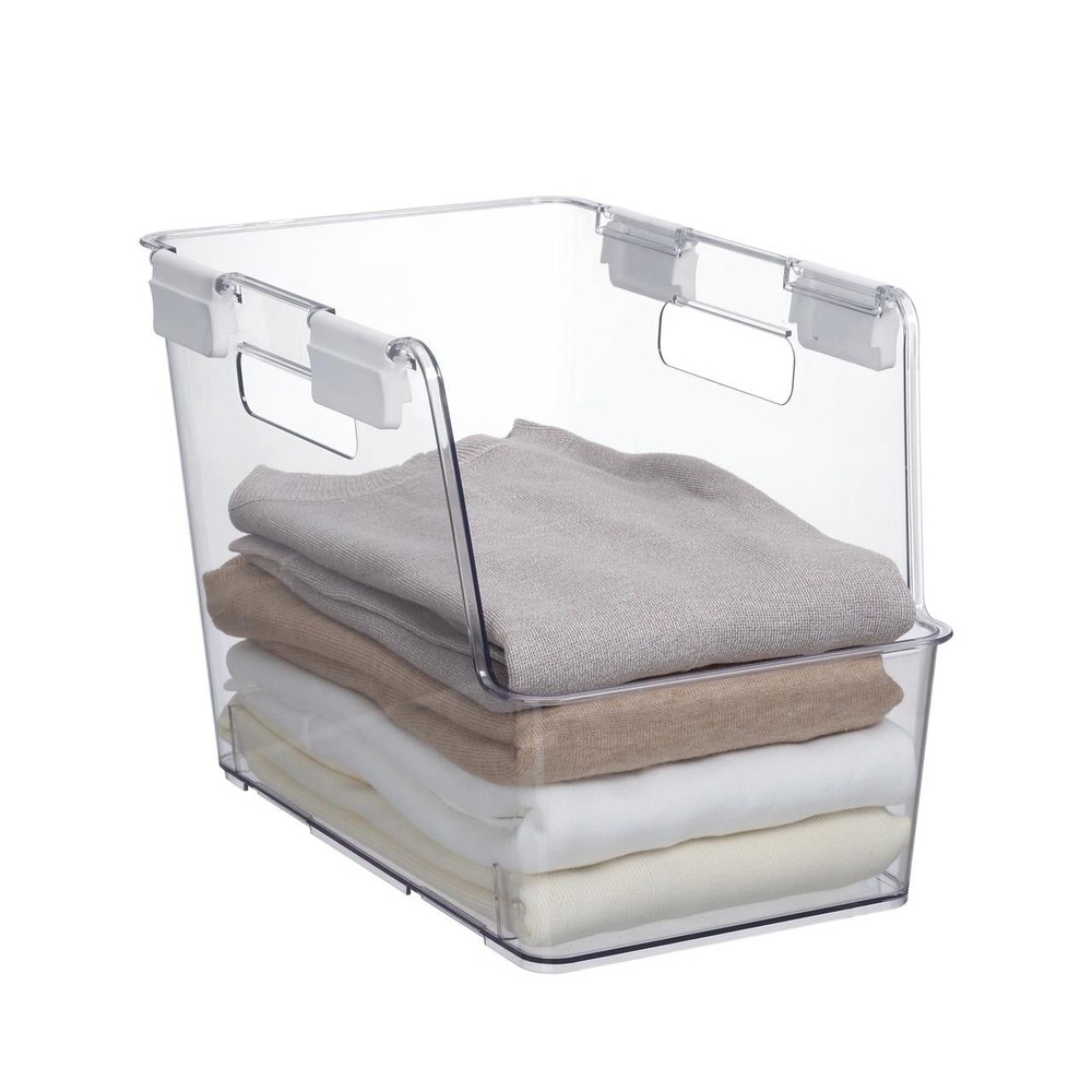 Small Clear Plastic Stackable Bin Closet W/ White Latches