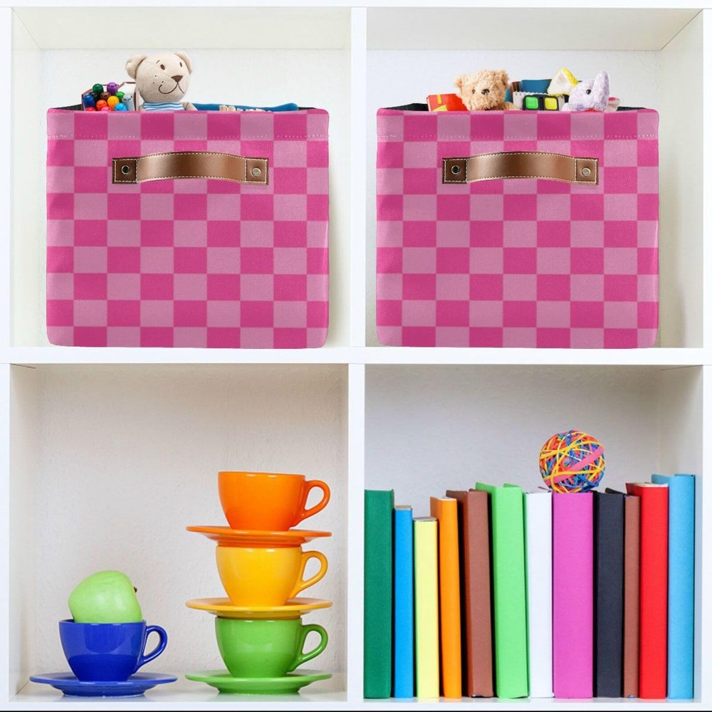Emelivor Pink Checkered Storage Basket Bins Foldable Laundry Hamper Storage B...