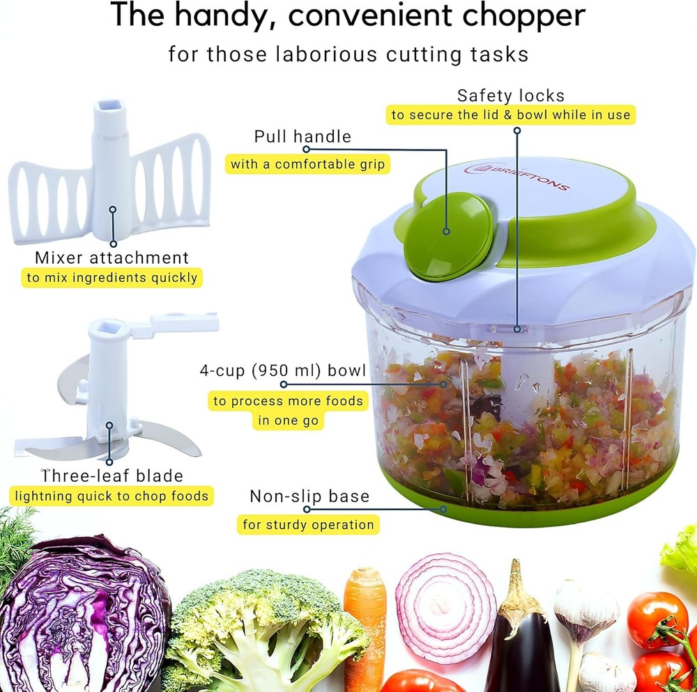Brieftons QuickPull Manual Food Chopper: Large 4-Cup Powerful Hand Pull Chopper/