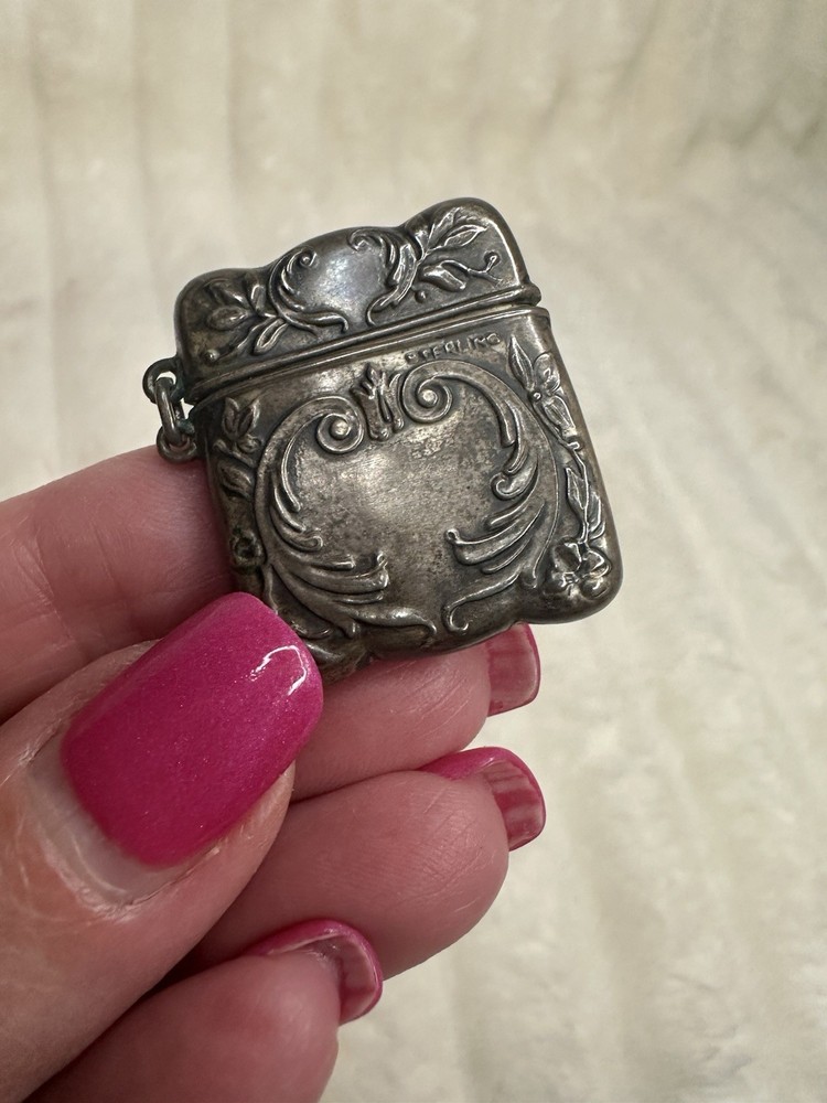 Antique Vesta Stamp Case Marked STERLING SILVER