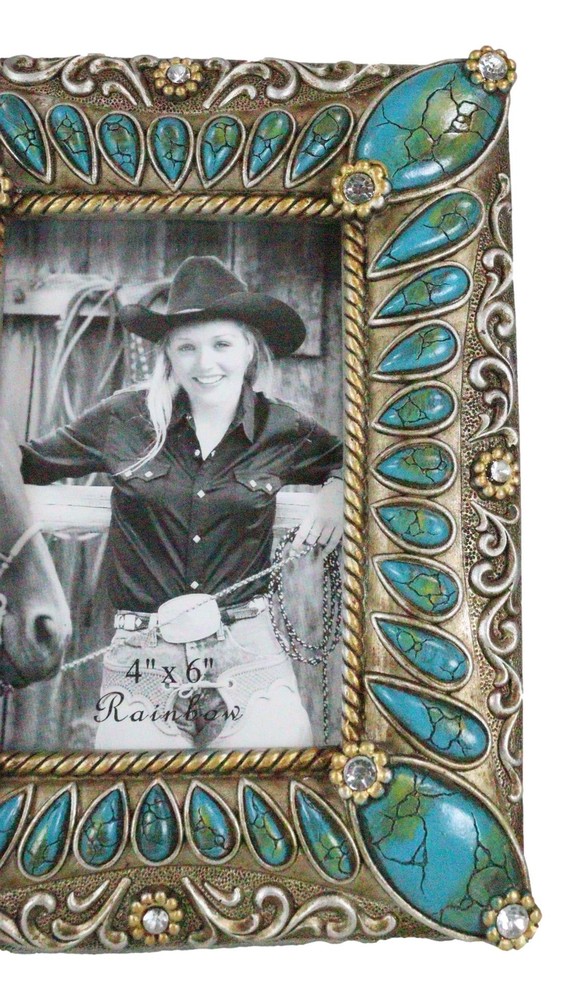 Rustic Western Turquoise Teardrop Gems Scrollwork Patterns 6X4 Picture Frame