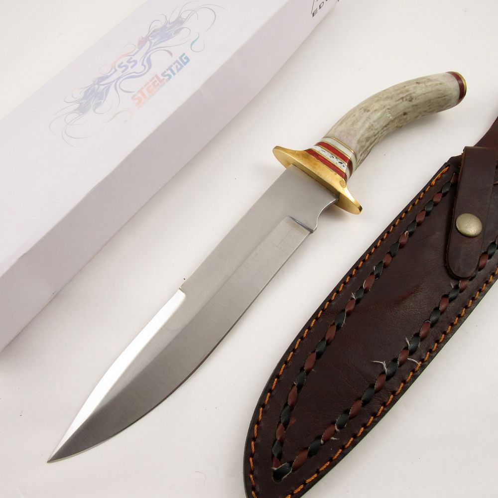 FIXED-BLADE BOWIE KNIFE | 13" Stag Handle Brass Frontier Blade w/ Leather Sheath