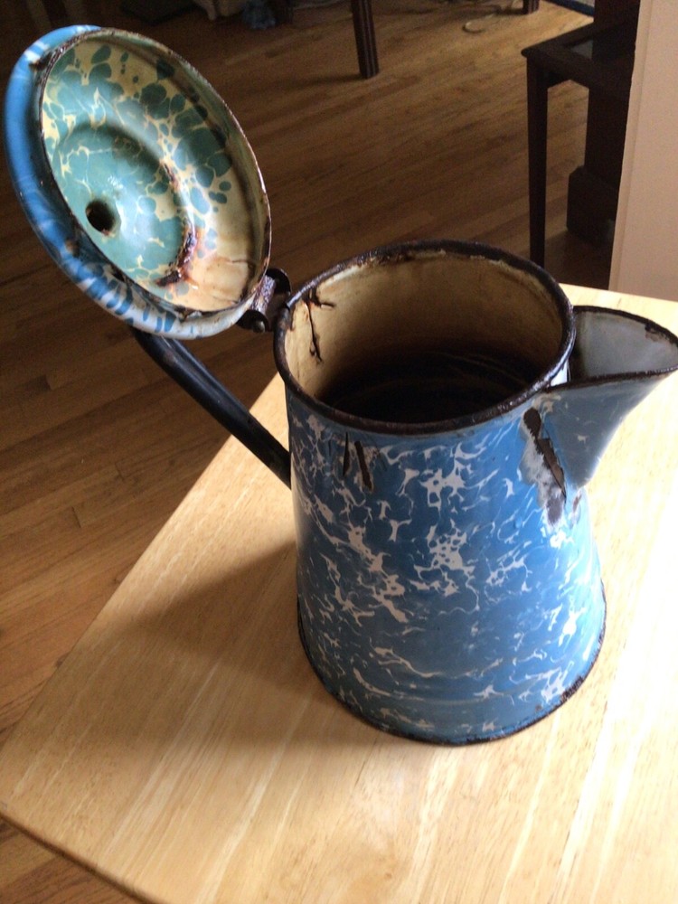 Blue Speckle enamelware kettle Pot for Display Artificial Flower Arrangements