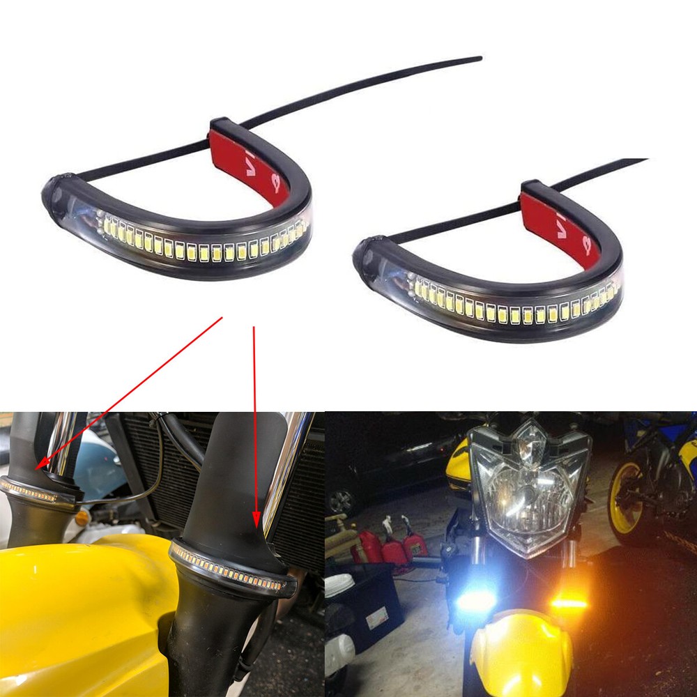 LED Motorcycle Flexible Fork Light Strips Turn Signal Running DRL Yellow + White