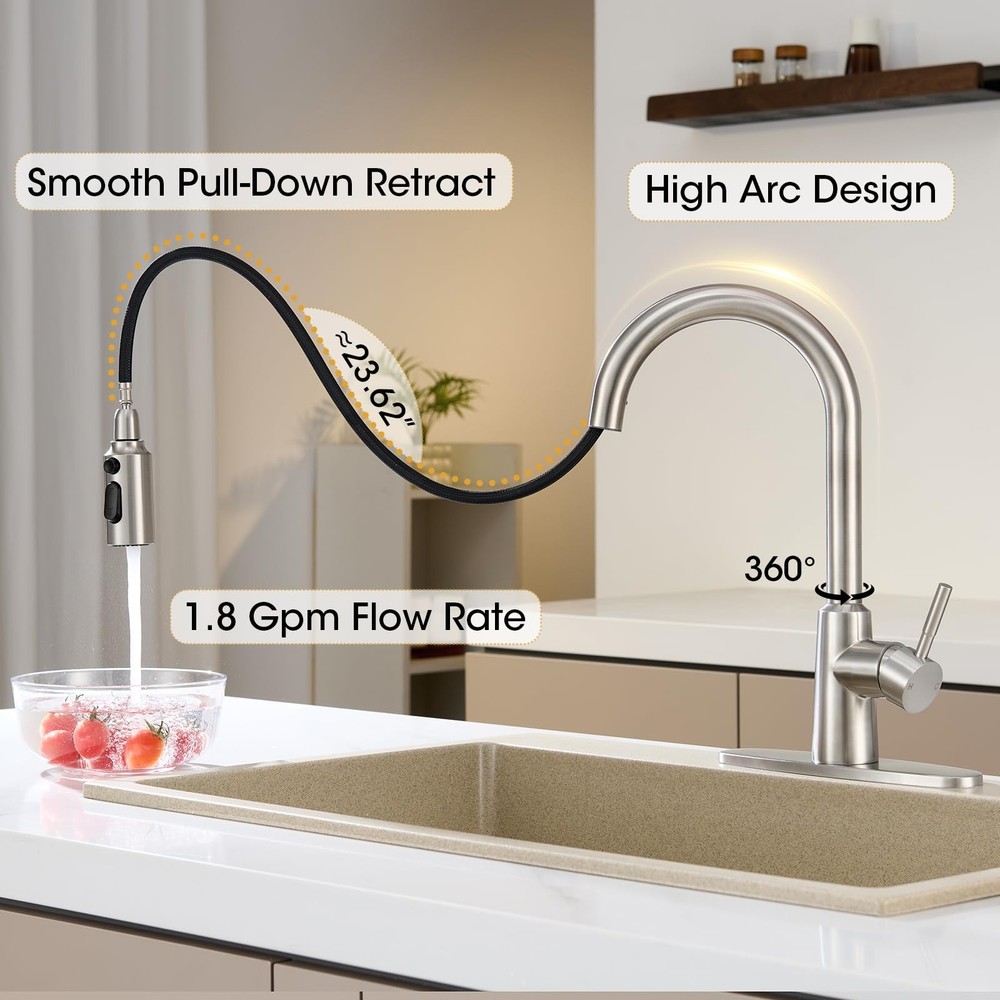 Kitchen Faucet with Pull Down Sprayer, High Arc Single Handle Brushed Nickel ...