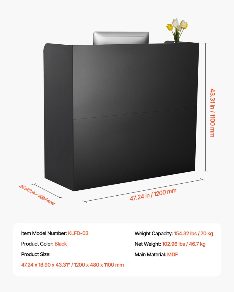 Reception Desk Rectangular Front Counter Table 47.24 in Black Office Table