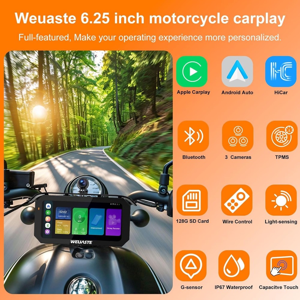 Wireless Android Auto Motorcycle Carplay - 6.25" Waterproof GPS Touchscreen Moto