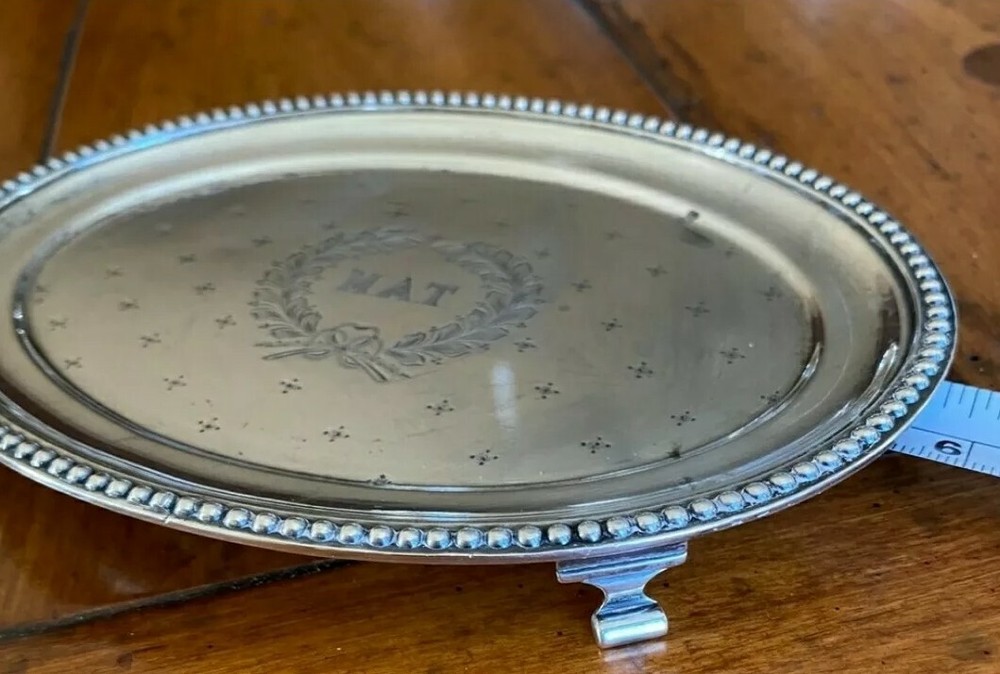 Antique Sterling Silver Footed Mini Tray w Beaded Edging & Engraved Monogram