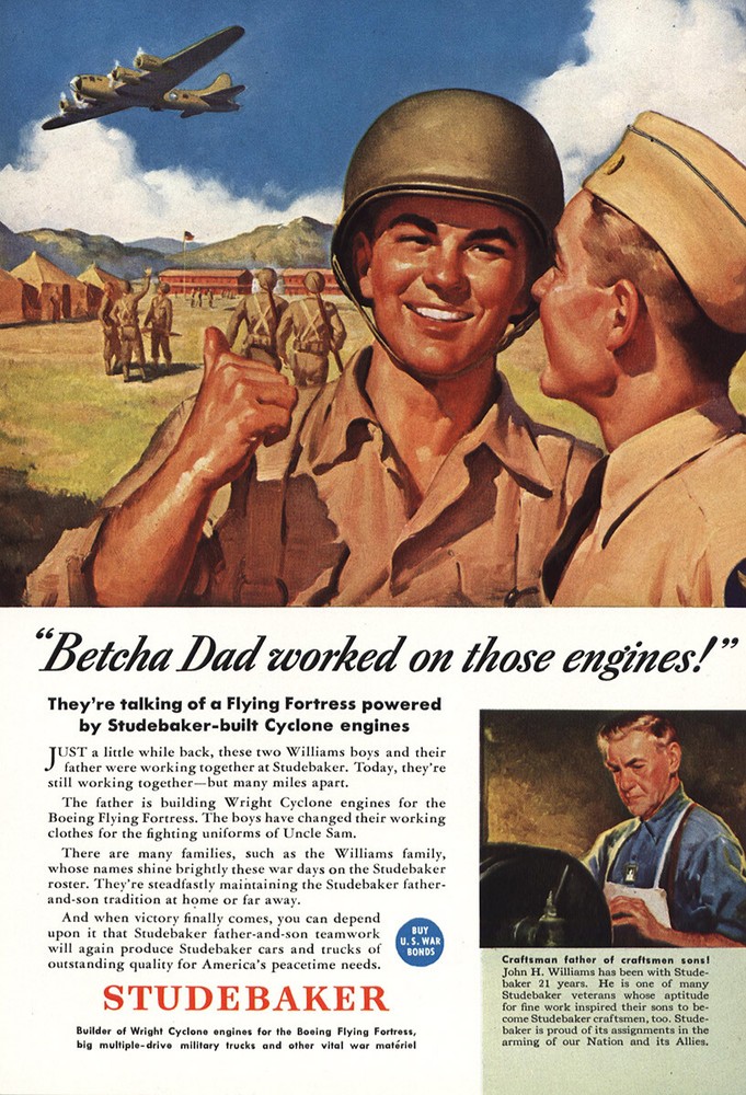 1943 Studebaker: Betcha Dad Worked On Those Engines Vintage Print Ad