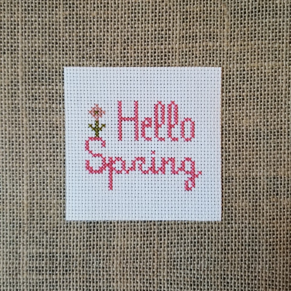 Finished Completed Cross Stitch Pink Hello Spring Piece