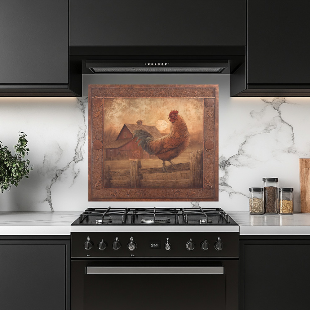 Copper Embossed Look Mediterranean Rooster Glass Backsplash • Rustic Kitchen