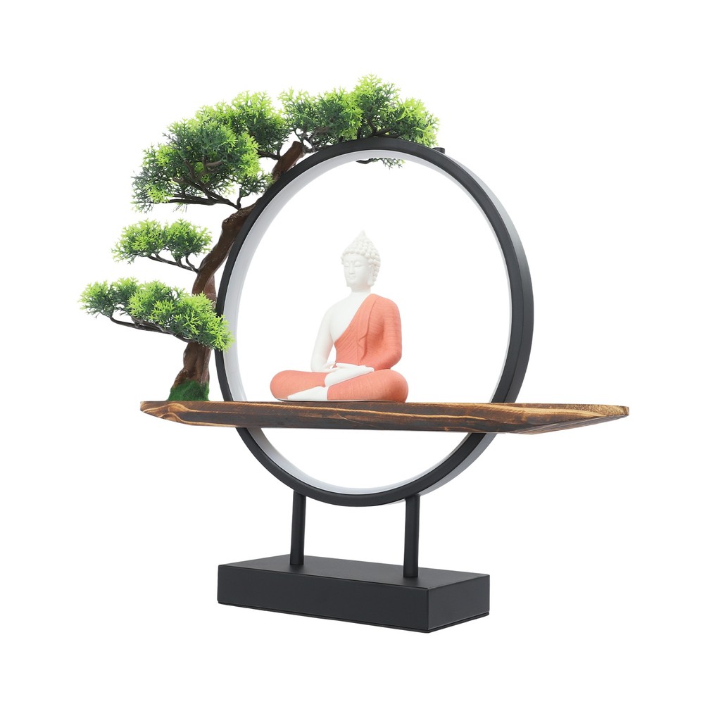 Desktop Decorative Buddha Statue Ornament Home Decor with Green Artificial Tree