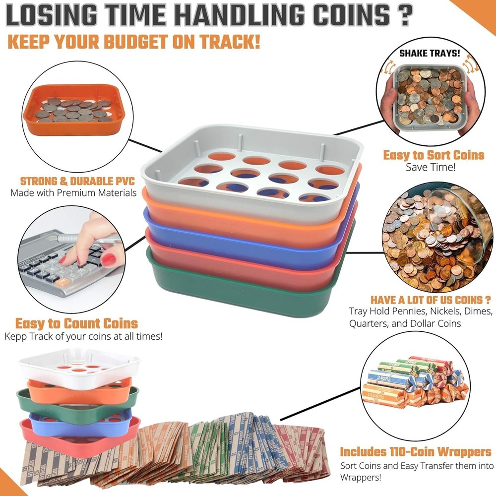 Durable 5-Tray Coin Sorting System with 110 Wrappers for Seamless Organization