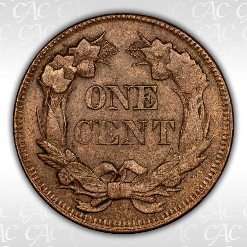 1858/7 1c CAC AU 55 WEAK OVERDATE ~ NICE FLYING EAGLE CENT VAIRETY