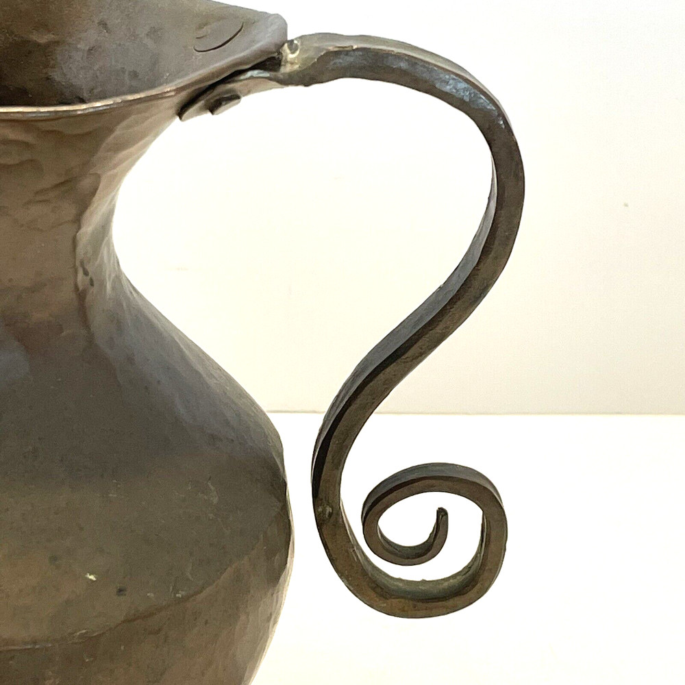Antique Hammered Copper Pitcher Scrolled Riveted Handle Primitive Jug Dents 6"
