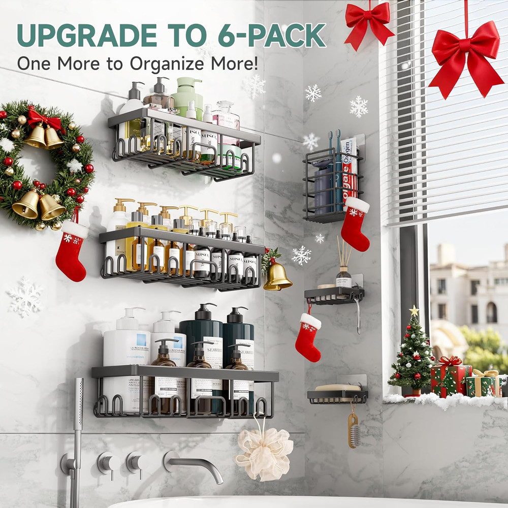 Shower Caddy 6-Pack, Advanced Rustproof Design, No Drilling Adhesive Shelves, Ra