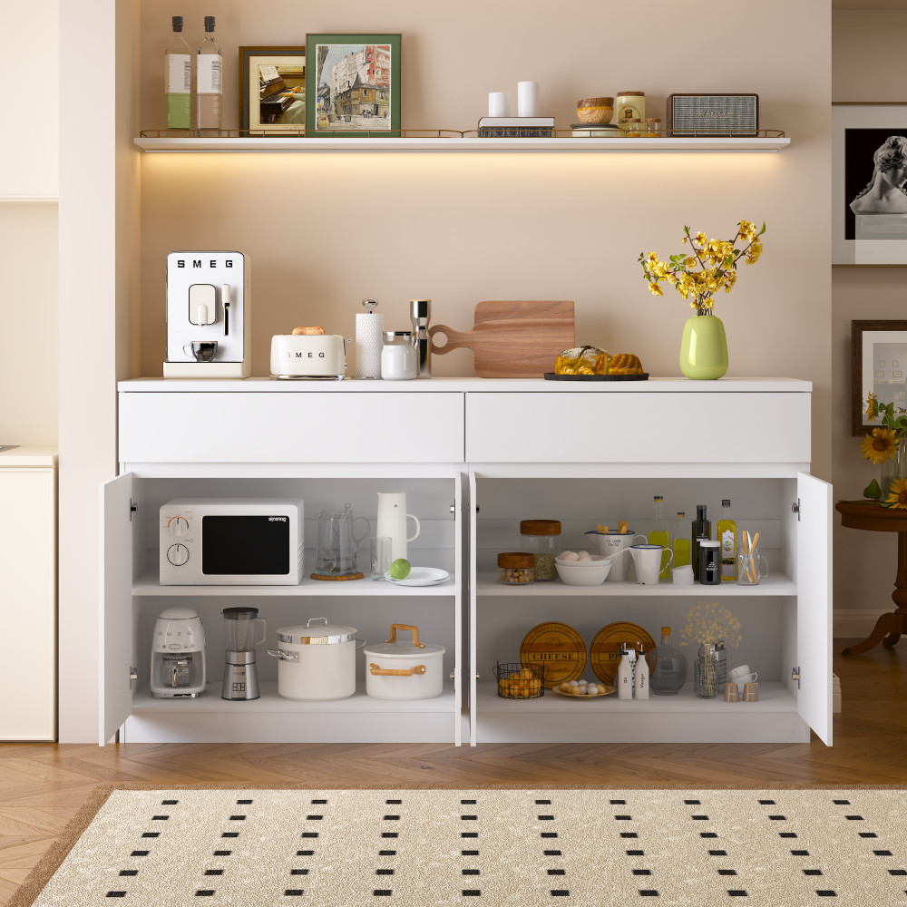 White Sideboard Buffet Cabinet with 2 Drawers 4 Doors Dining Storage