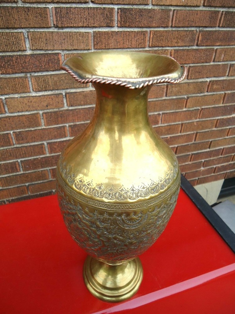 MIDDLE EASTERN BRASS VASE / URN REPOUSSE & CHASED 14 1/4 "