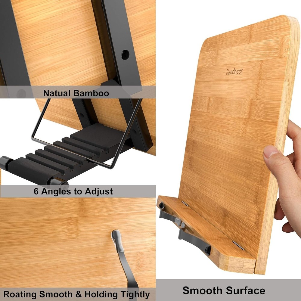 Readaeer Bamboo Book Stand Large Book Holder with 6 Adjustable Height Foldable