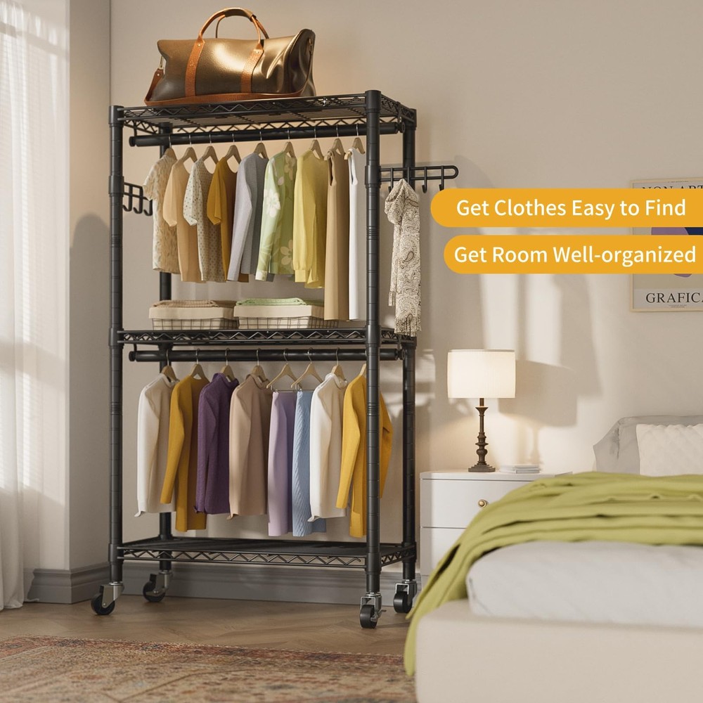 Heavy Duty Clothes Rack Rolling Garment Rack,3 Tier Adjustable Wire Shelving ...