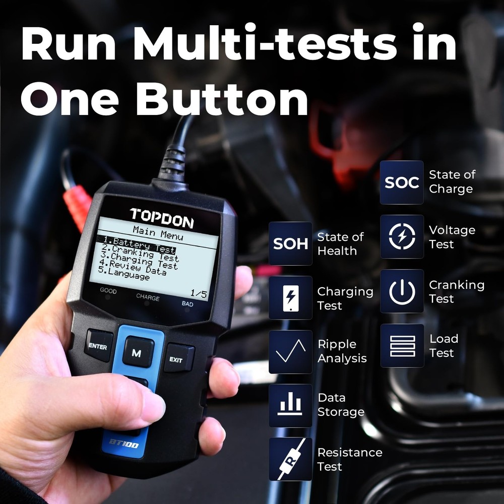 TOPDON BT100 12V Digital Battery Load Tester & Charging System Analyzer