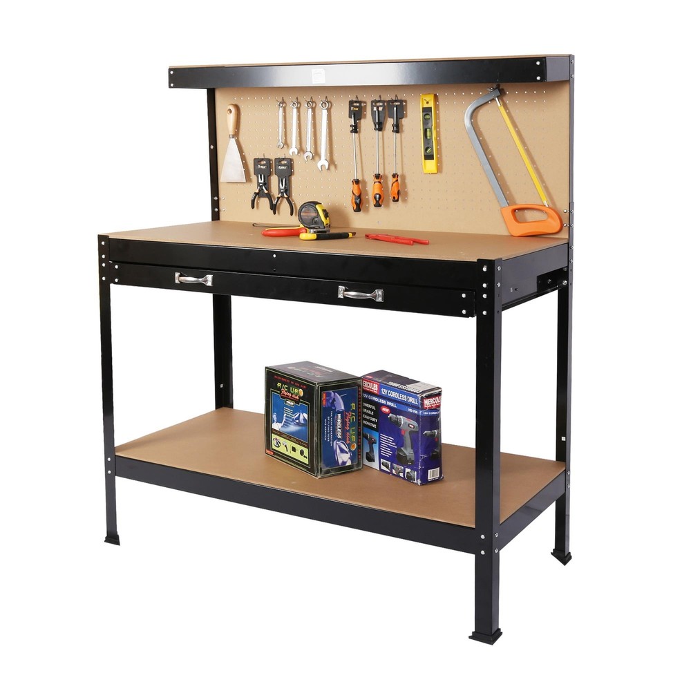 Workshop Table Work Bench with Tool Storage Drawers Shelves PegBoard for Garage