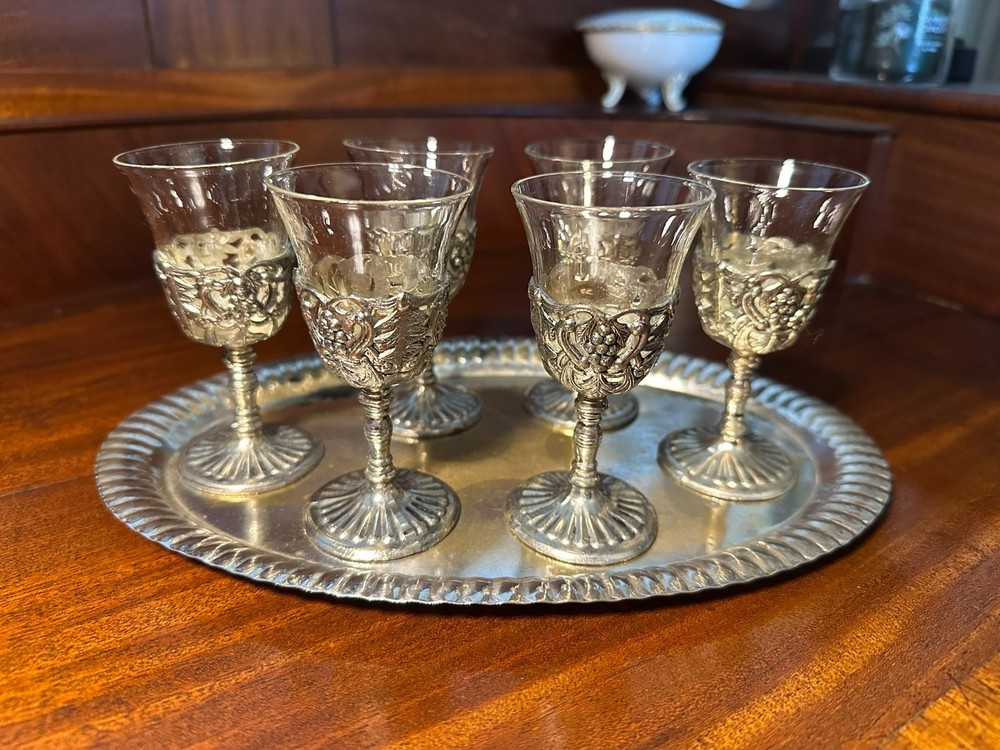 Set 6 Silver-tone Grape Cordial Goblets w/ 10" Silverplate Tray