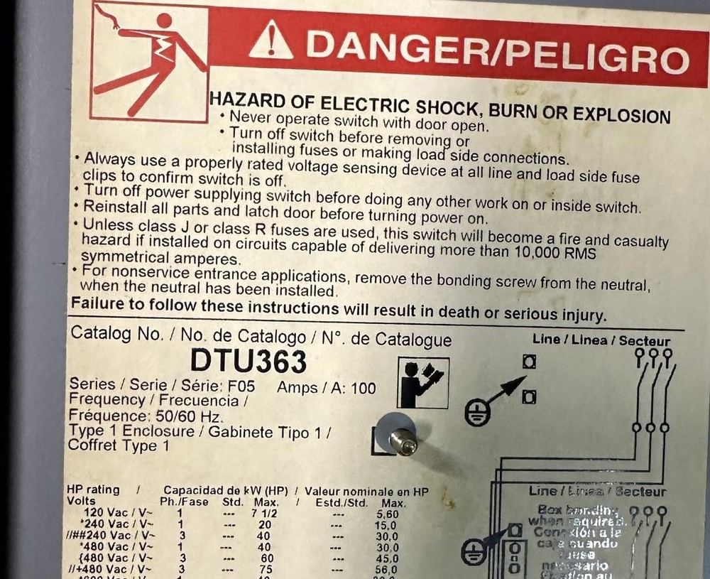 Square D DTU363 Double Throw Safety Switch 100A 600V 3 Pole