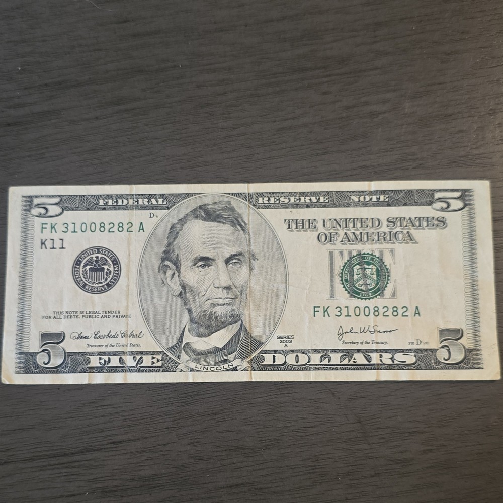 2003 $5 US Federal Reserve Note D sequential ending