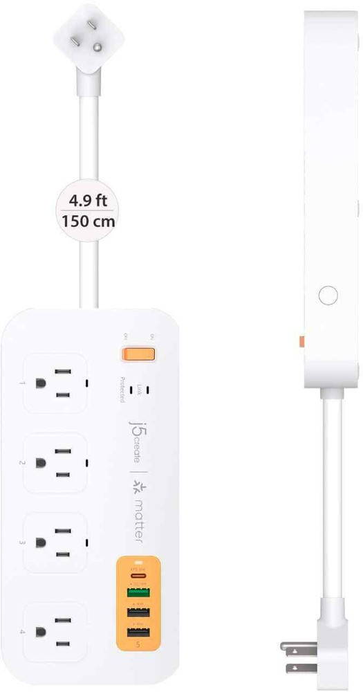 j5create - 4-Outlet/3-USB-A/1-USB-C 500J Smart Matter Enabled Surge Protector...