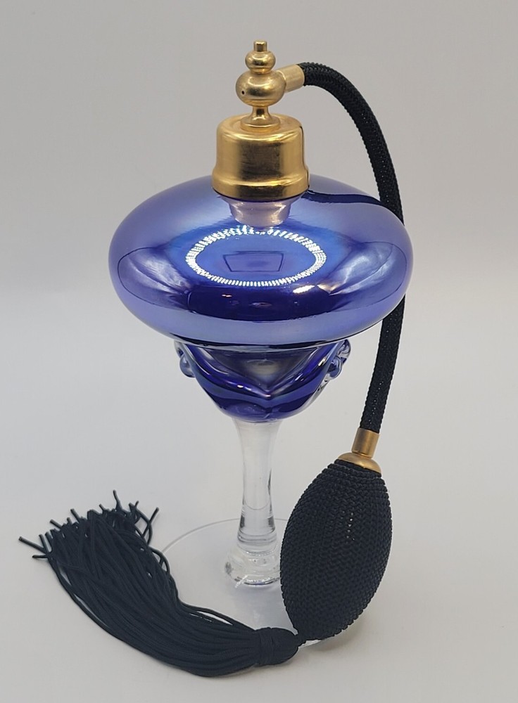 Handblown Iridescent Blue Glass Footed Perfume Atomizer • Refillable • 7"H