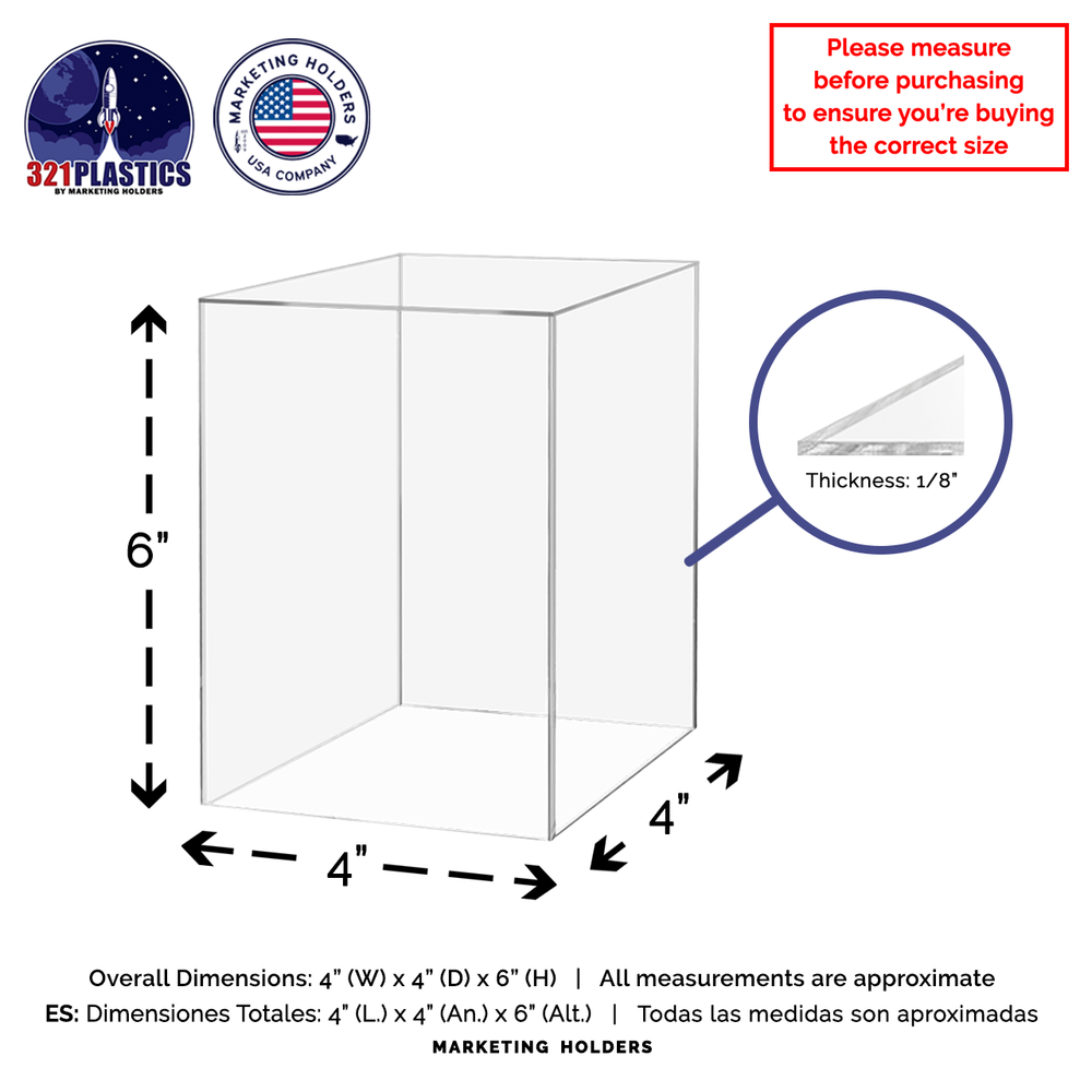 4" x 4" x 6" Retail Display Box or Dust Cover Rectangular Clear Acrylic