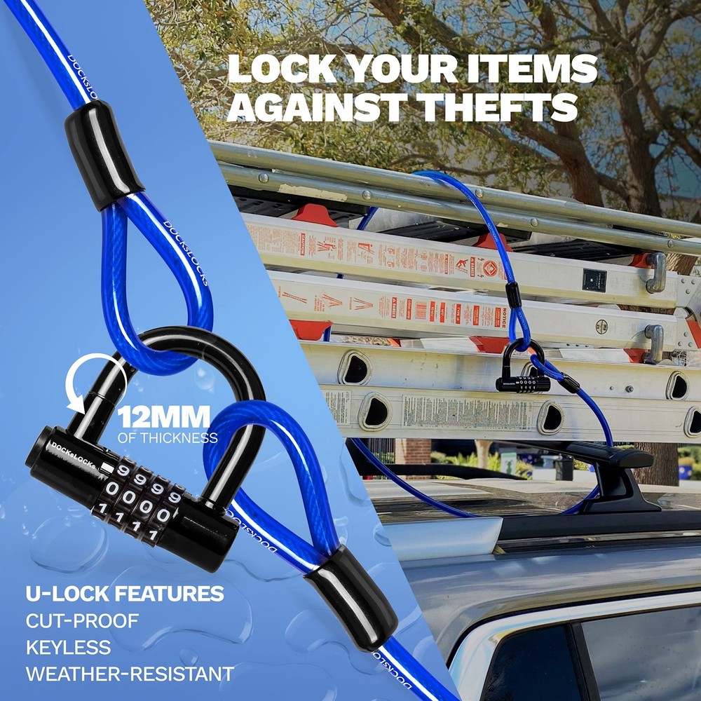 DocksLocks Security Cable Lock Set (5' to 25') Looped Ends, Weatherproof, Key...