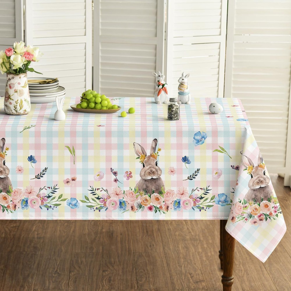 Easter Tablecloth 60×140 Inch Rectangular, Colorful Spring Flower Buffalo Pla...