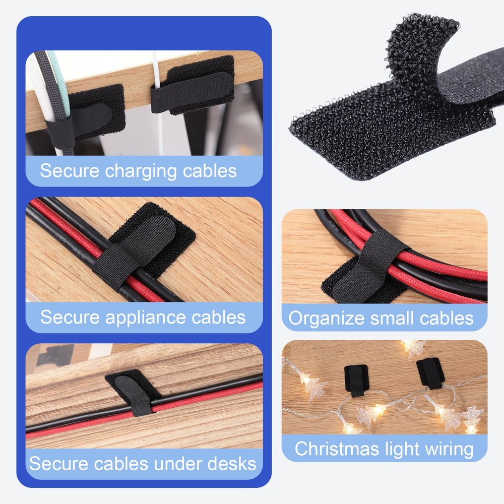 100 PCS Hook Loop Cable Ties - Self-Adhesive Adjustable Cord Organizers, Black