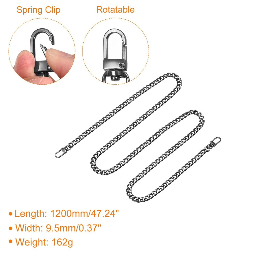 Iron Flat Chain Strap, 47" Handbag Chains Purse Straps DIY Replacement, Black