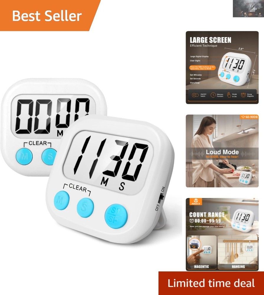 Efficient 2 Pack Cooking Timer with Large Display & Loud Notification - White