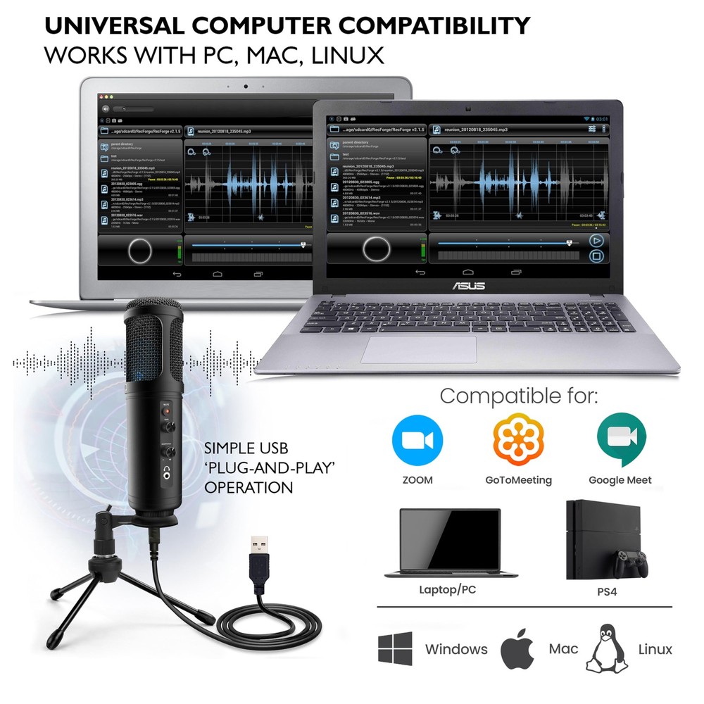 Usb Condenser Microphone With Adjustable Gain For Streaming Podcasting Gaming