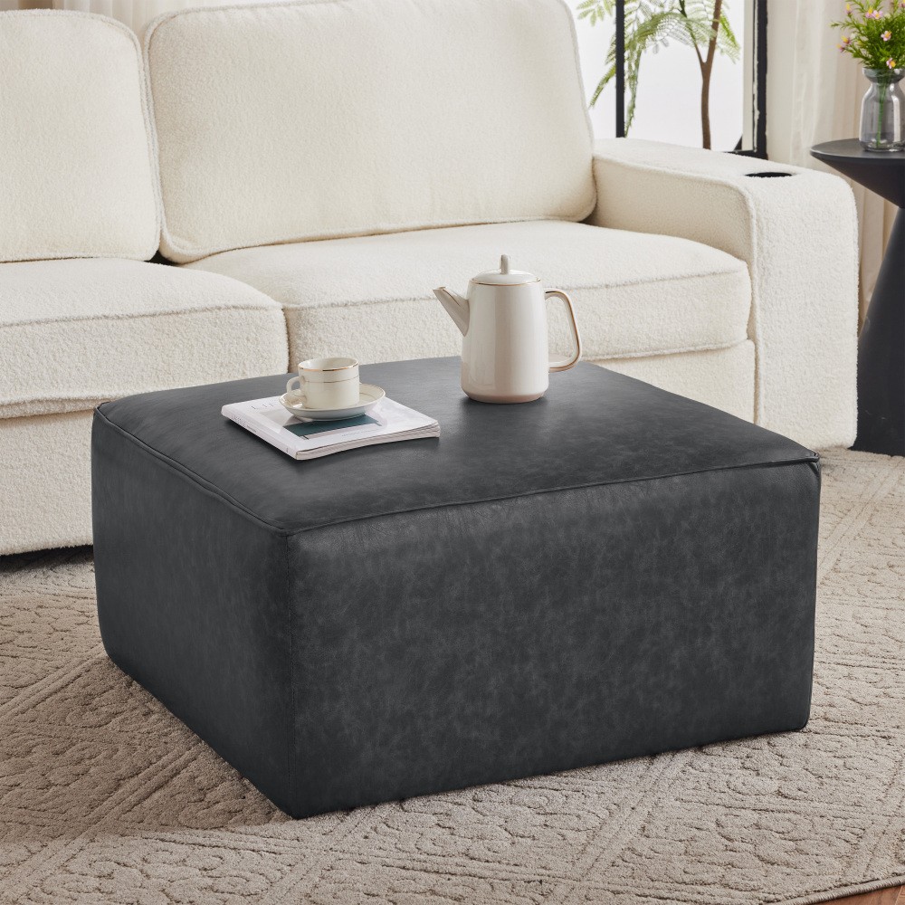 Upholstered Square PU Leather Ottoman,Black