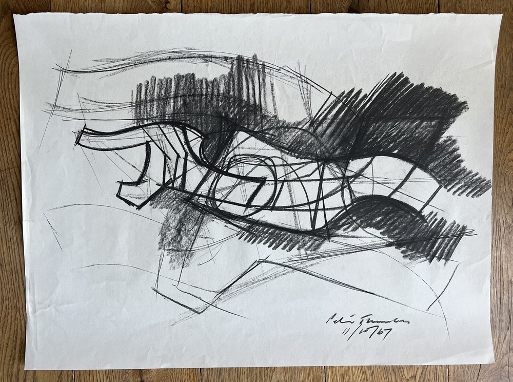 Peter Thursby Original 1967 Charcoal Drawing Study For Sculpture Signed Dated
