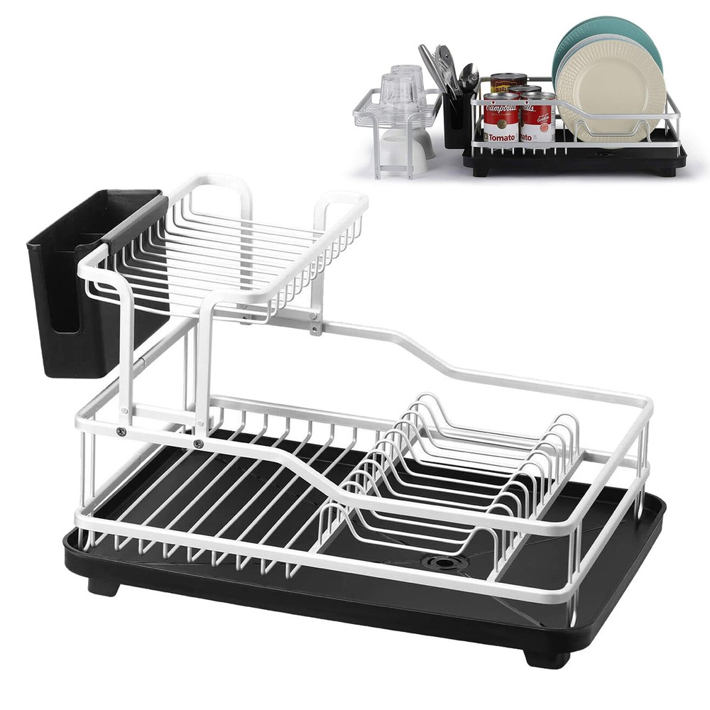 2 Tier Dish Drying Rack Aluminum Dish Drainer w/ Utensils Holder Set for Kitchen
