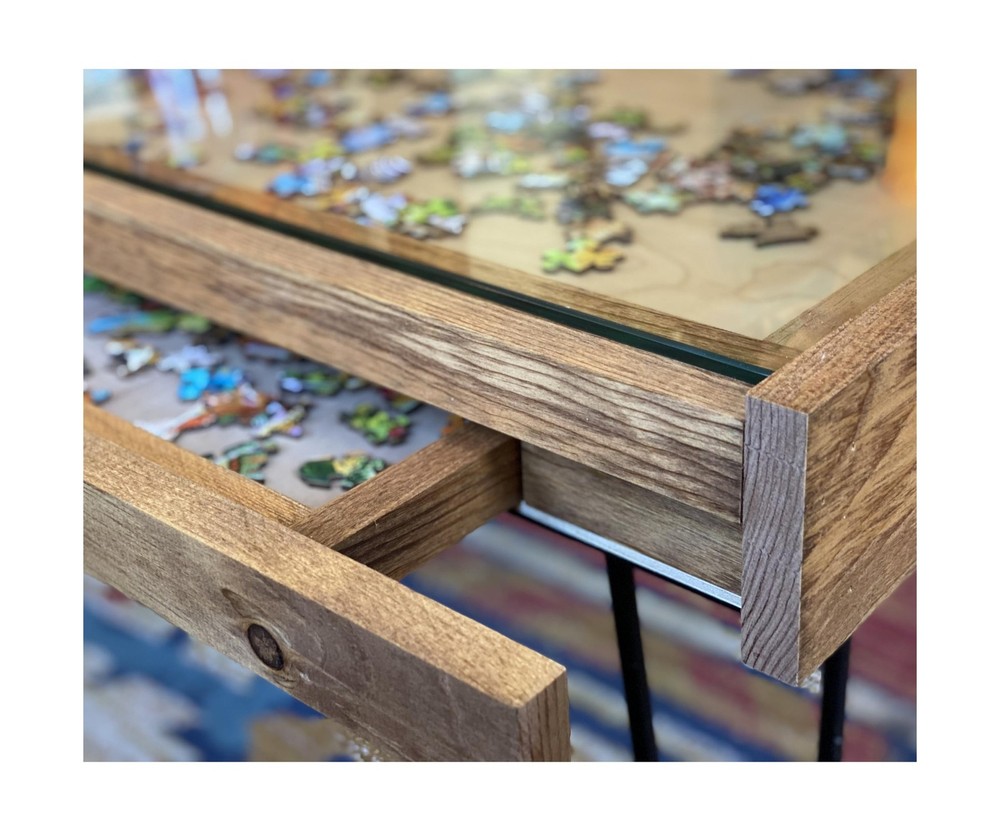 Rustic Puzzle Coffee Table with Removable Glass top - Includes 2 Hidden Drawe...